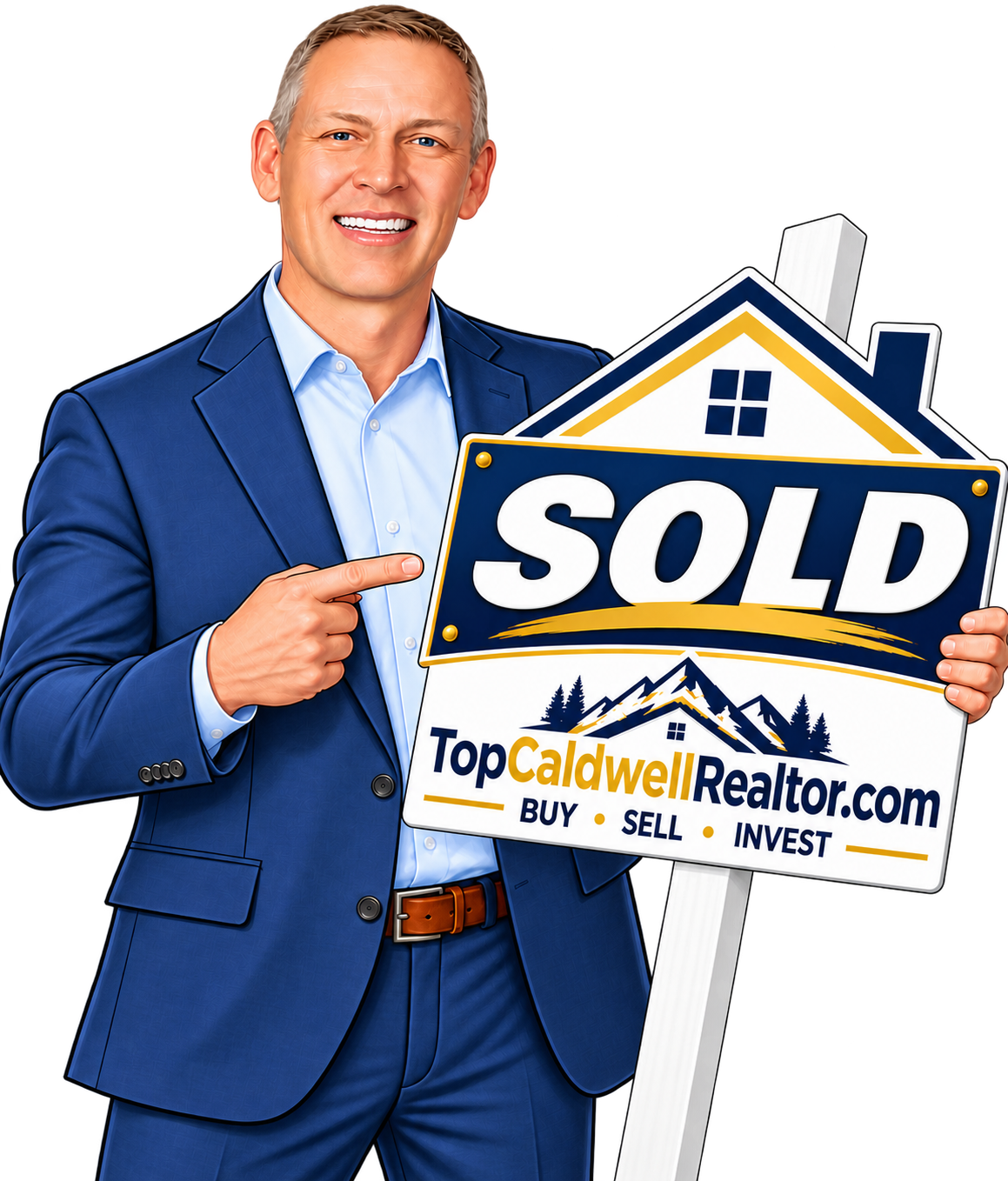 A man in a blue suit holding a 'Sold' sign for real estate, pointing at it, with a background sign for TopCaldwellRealtor.com indicating buying, selling, and investing in homes.
