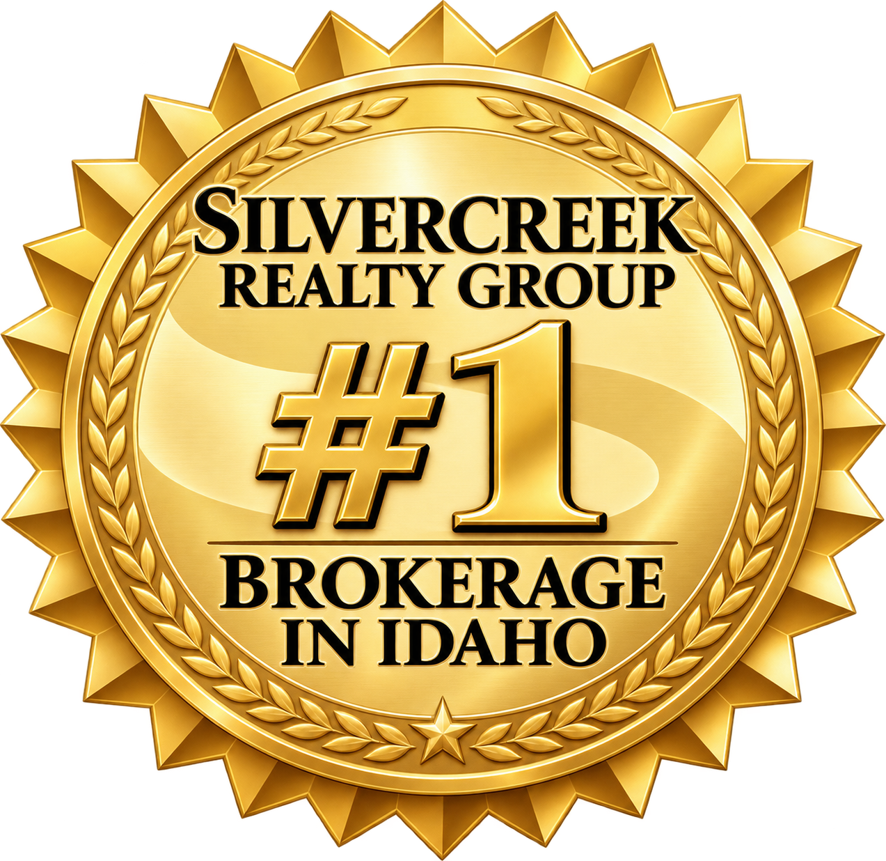 Gold medallion or badge with black and gold text highlighting Silvercreek Realty Group as the number one brokerage in Idaho.