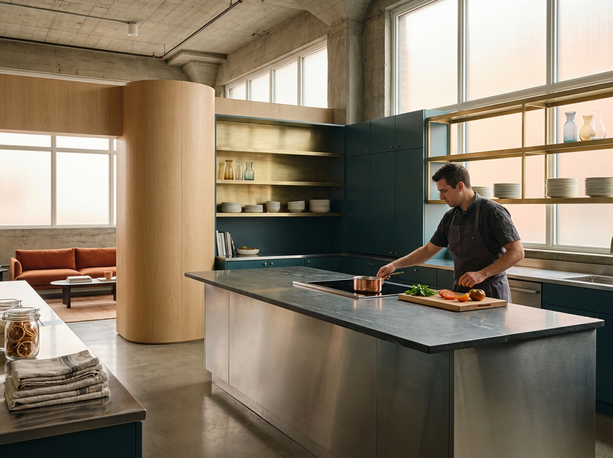 A man cooking on a stovetop in a modern kitchen with an open living area in the background.