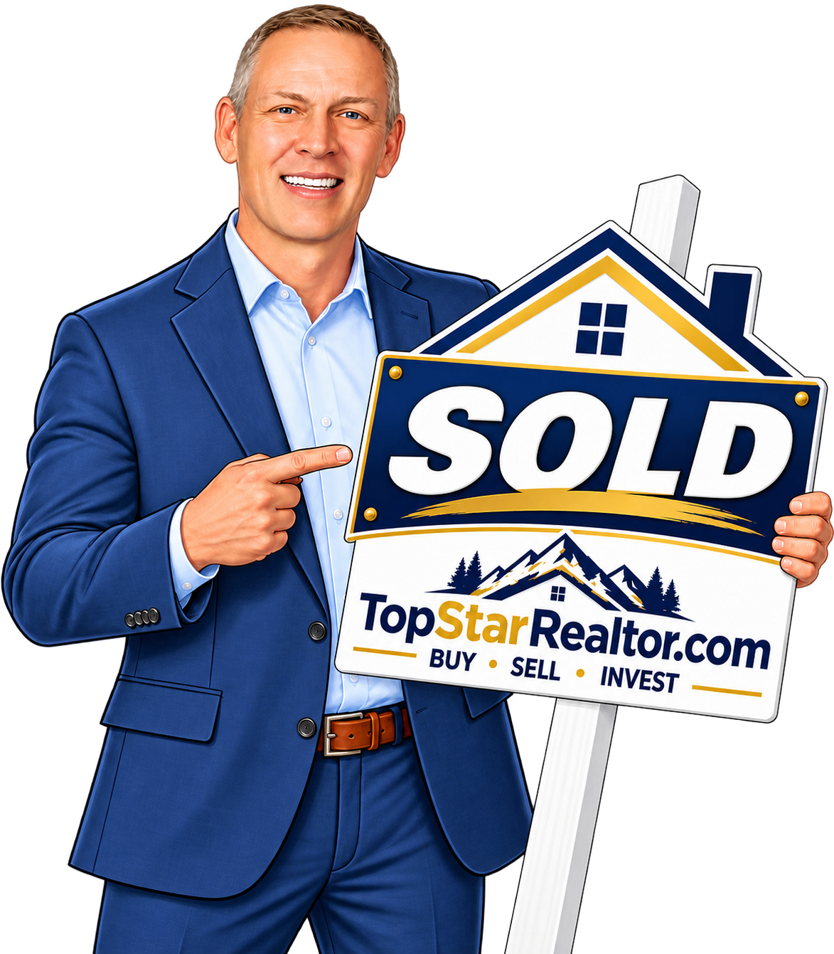 A man in a blue suit holding a real estate sign with the word 'SOLD' and the website TopStarRealtor.com, smiling and pointing to it.