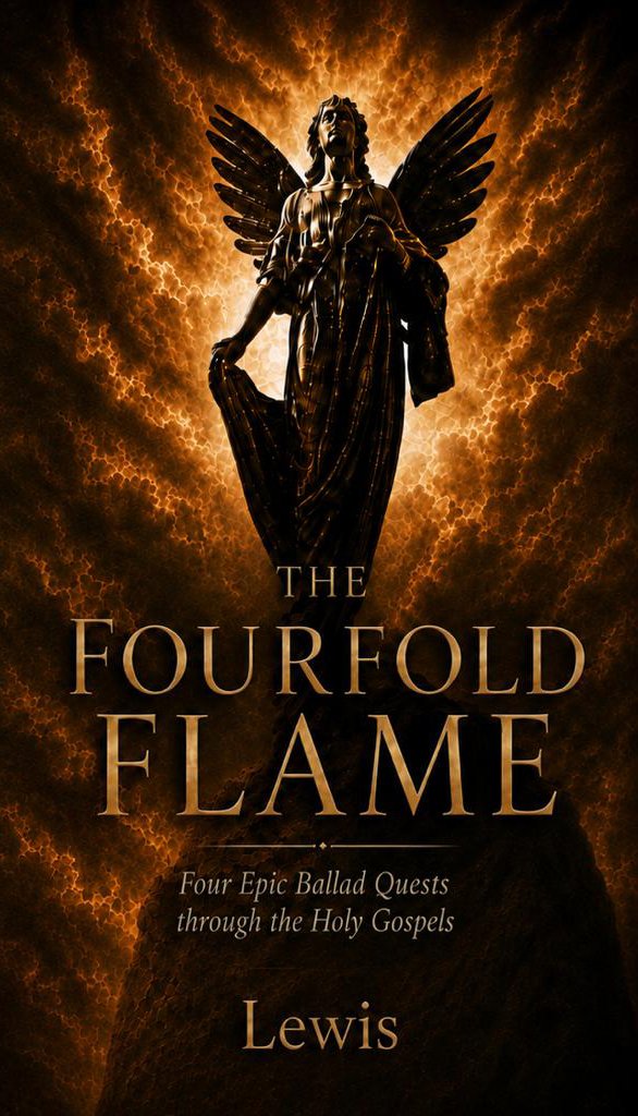 Book cover titled 'The Fourfold Flame' by Lewis. Features a statue of an angel with dark wings, standing on a rocky peak with a fiery, lightning-filled sky in the background.