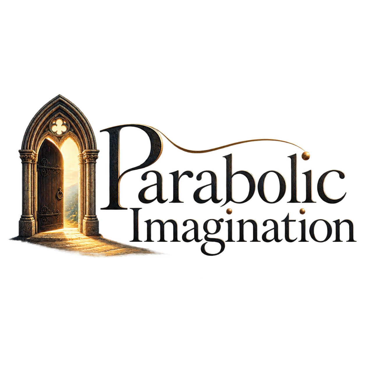 Logo for Parabolic Imagination featuring an open arched door with sunlight shining through and the words 'Parabolic Imagination' in stylized text.