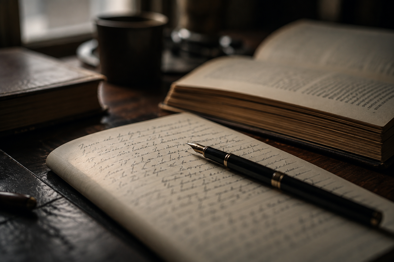 Open notebook with handwritten text and a black pen lying on it, on a wooden desk with additional books and a cup in the background.