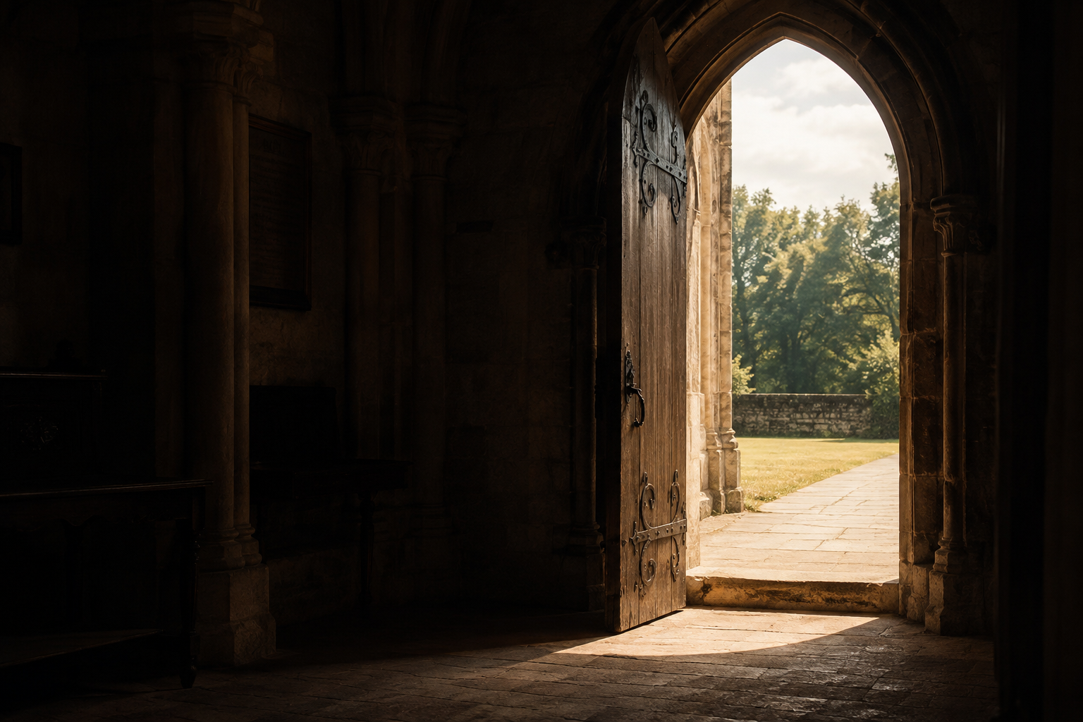 Open wooden door leading outside to a stone pathway and green trees under a cloudy sky, with sunlight streaming in.