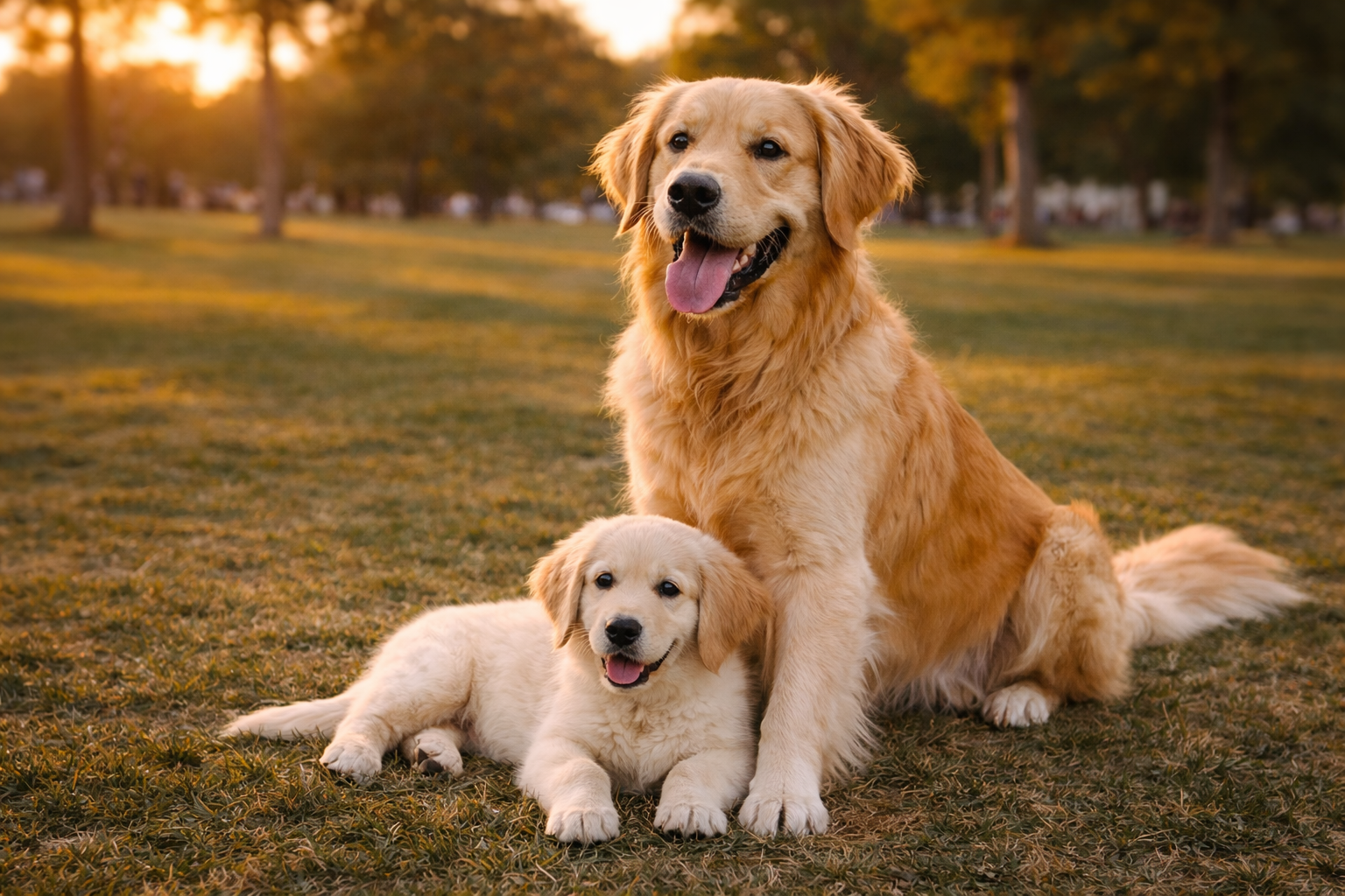 Golden Retriever as a pup and an adult
