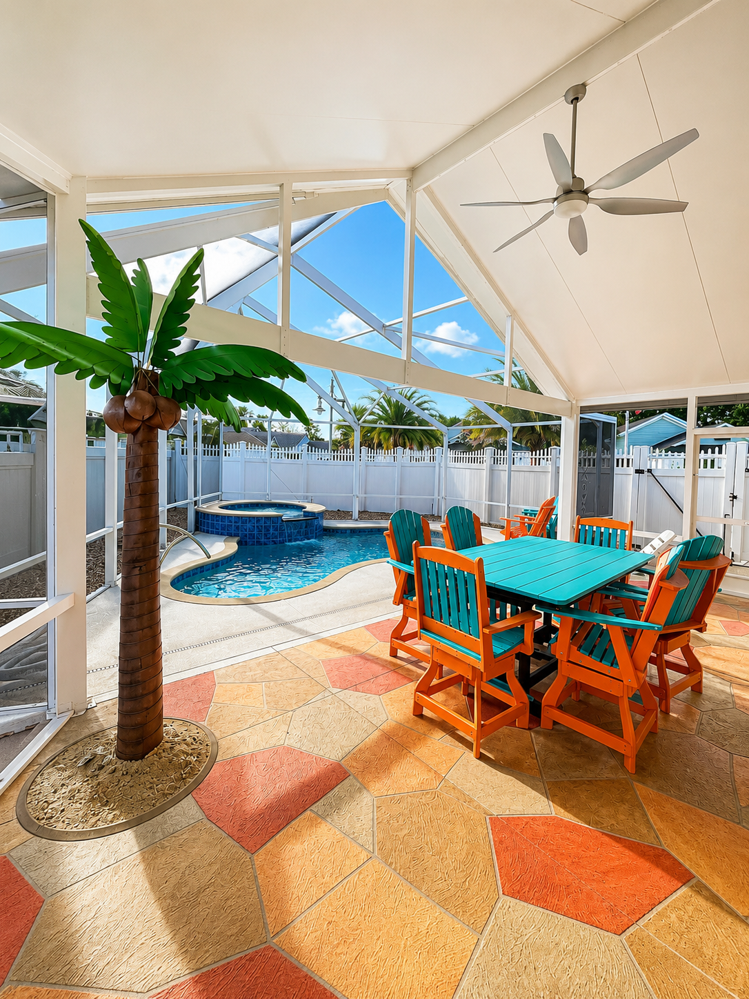 Covered screened lanai at Sunshine Stay Merryweather with outdoor dining, seating, ceiling fan, and views toward the private pool and waterfall spa.