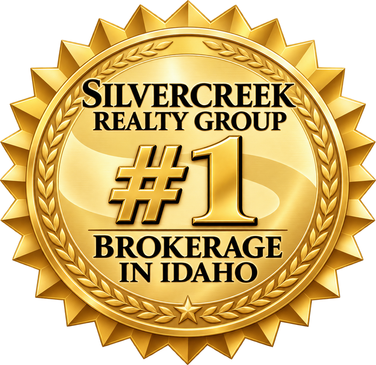 Gold badge with the text 'Silvercreek Realty Group #1 Brokerage in Idaho' and decorative laurel leaves on the border.