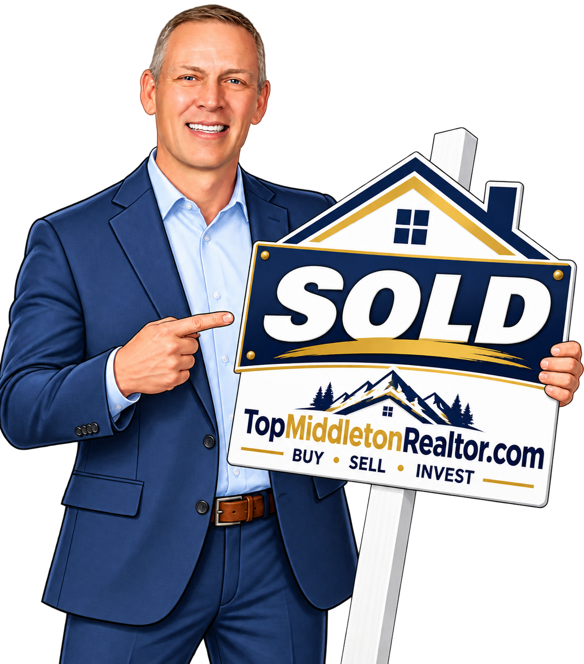 Man in a blue suit smiling and pointing at a sold sign in front of a real estate sign for TopMiddletonRealtor.com.
