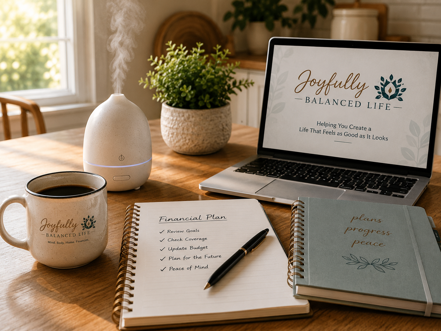 A workspace with a coffee mug, a diffuser, a potted plant, a laptop showing 'Joyfully Balanced Life,' a financial plan notebook, and a gratitude journal on a wooden table in a bright room with sunlight streaming through a window.
