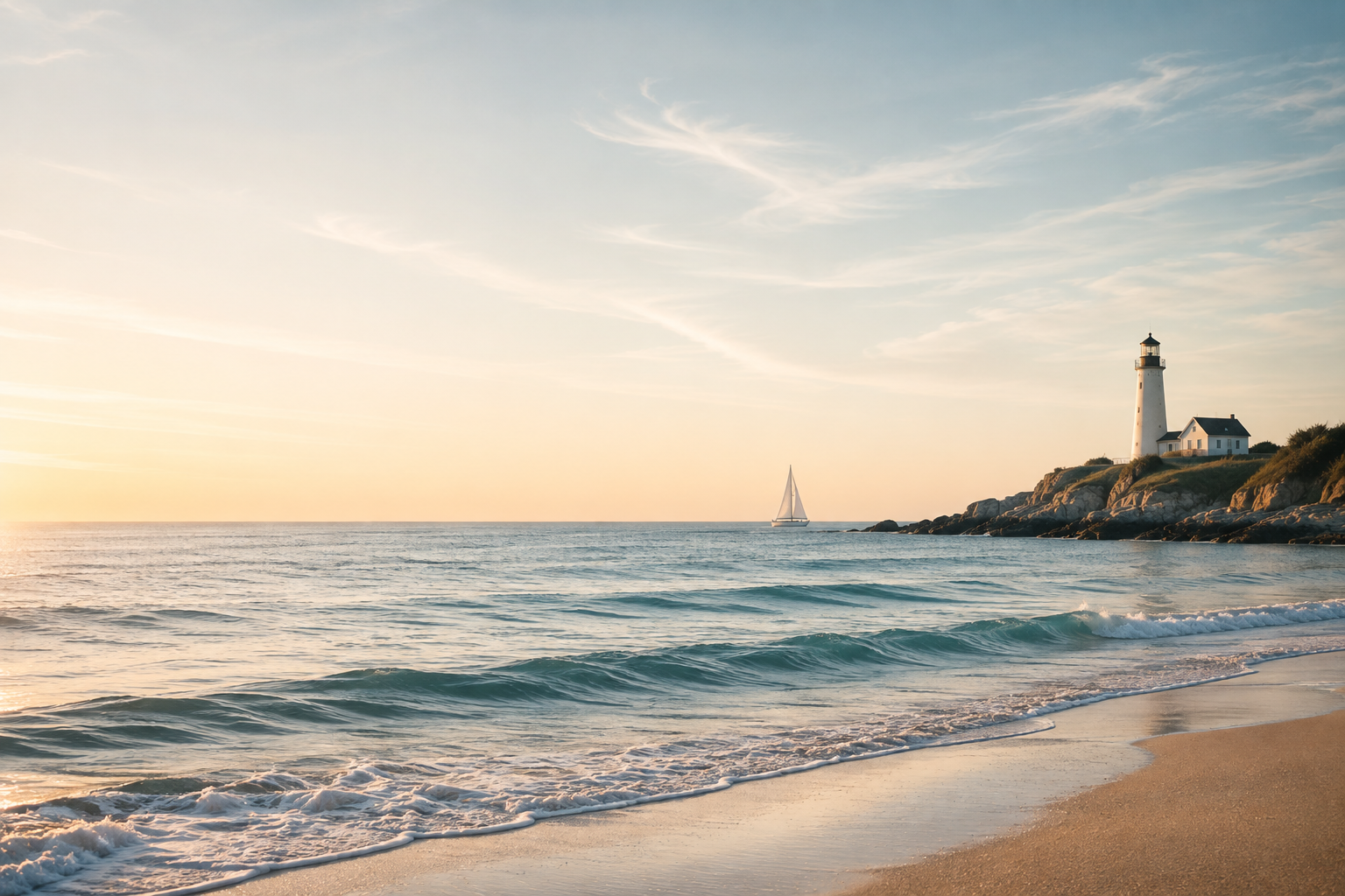 A serene beach scene during sunset with gentle waves, a lighthouse on a rocky hill, and a sailboat in the distance under a partly cloudy sky.