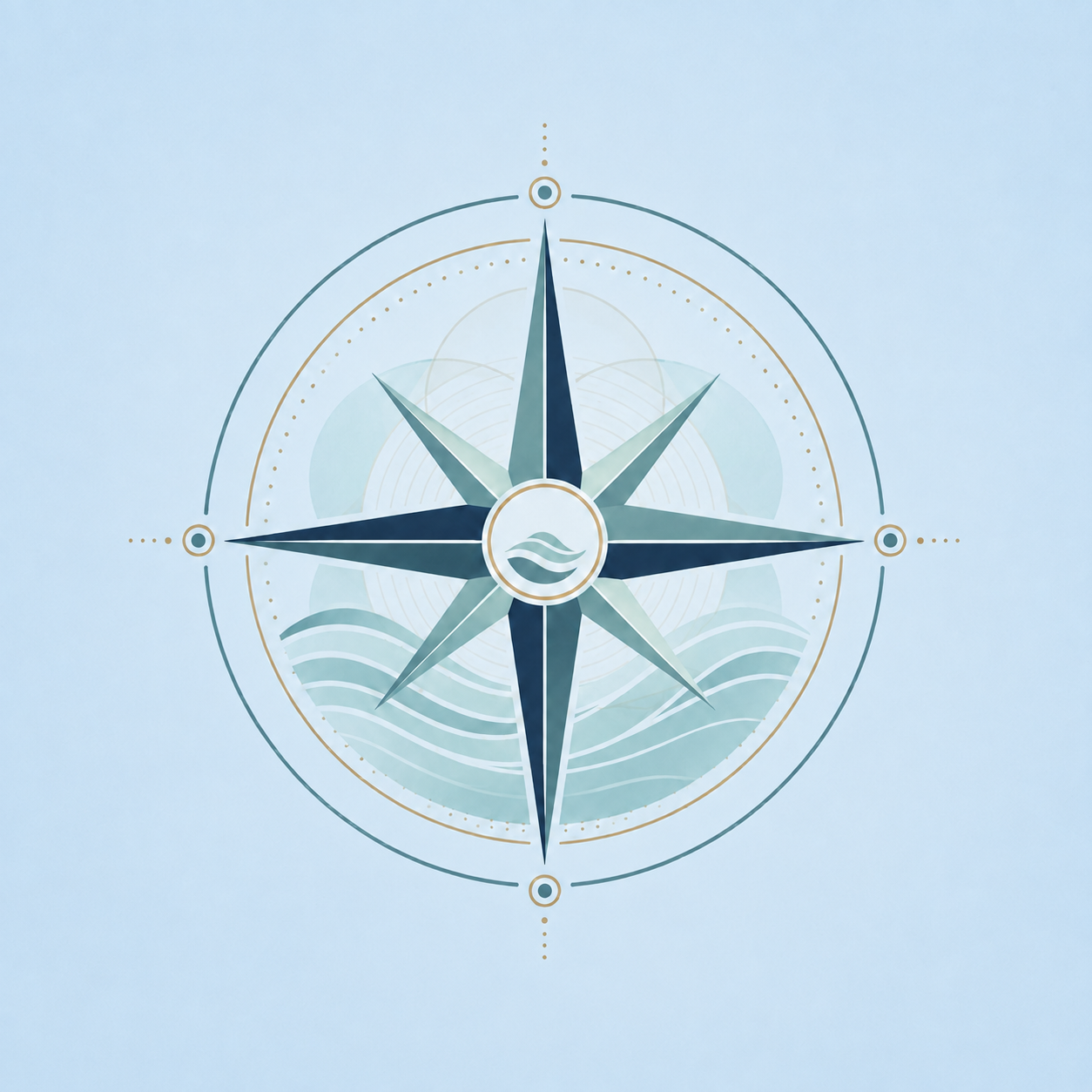 A stylized compass rose with nautical waves and a central logo featuring three wavy lines, set against a light blue background.