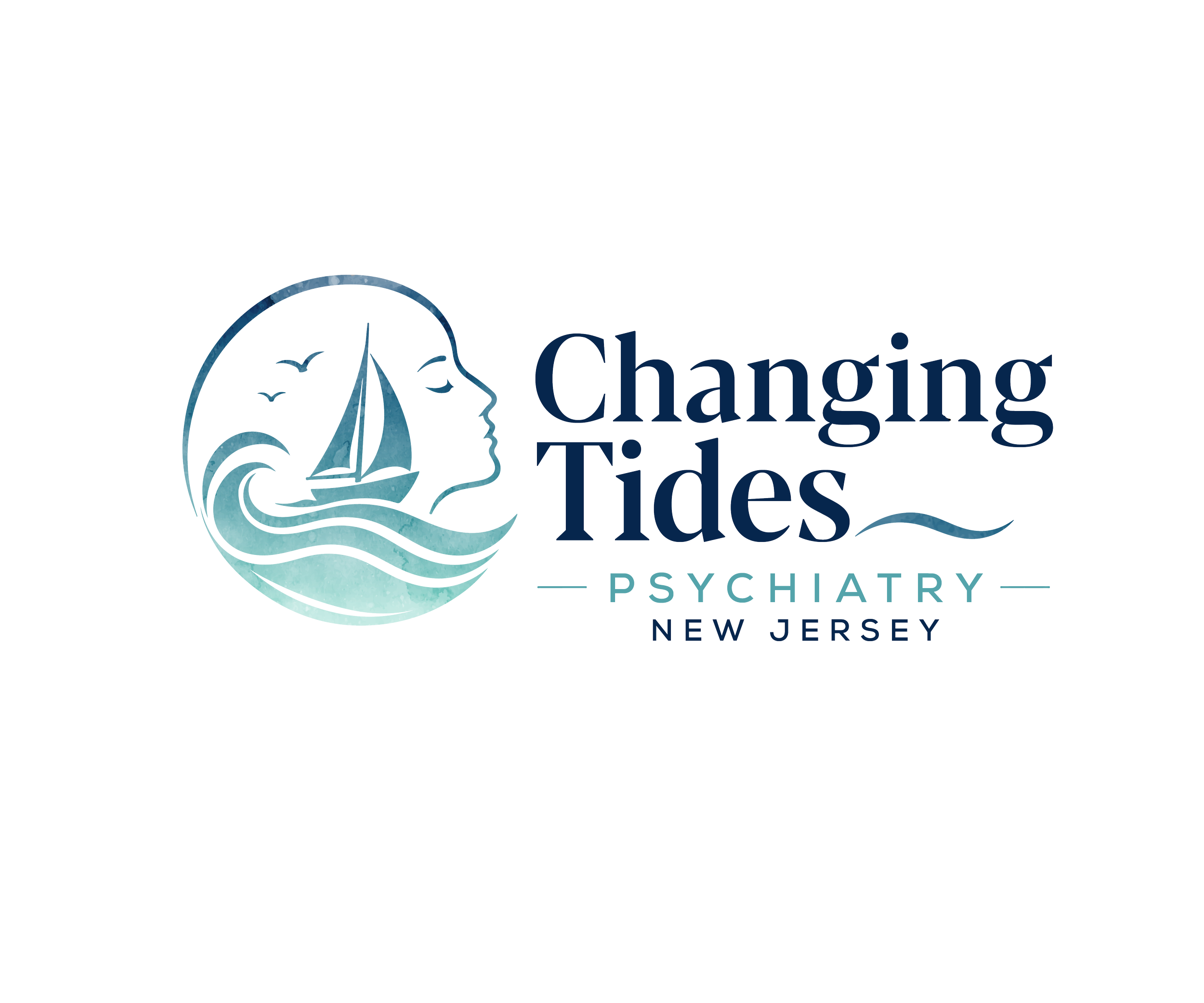 Logo for Changing Tides Psychiatry in New Jersey, featuring a stylized profile of a woman's face with ocean waves and a sailboat, in shades of blue and white.