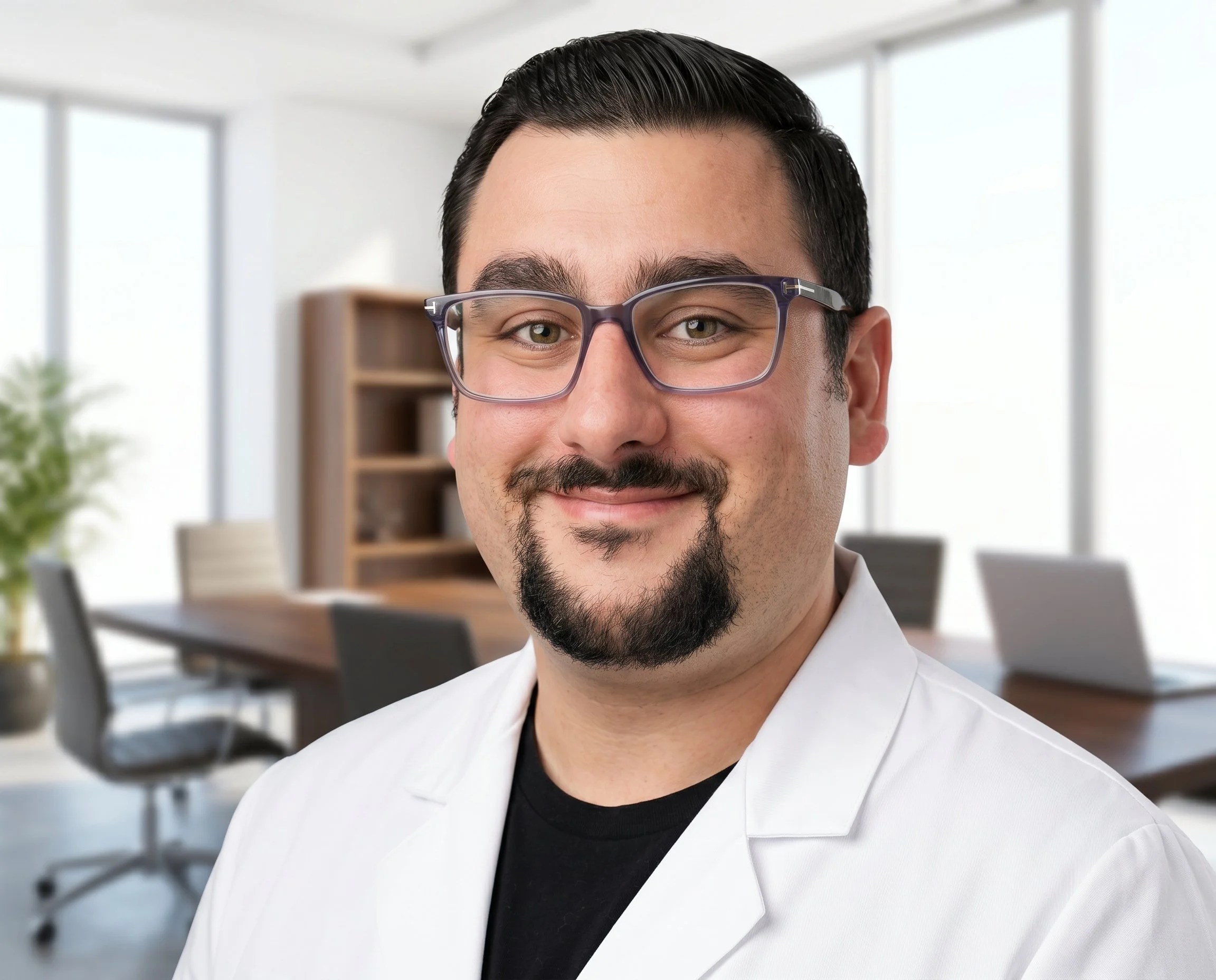 Close-up of a man with neatly styled dark hair, glasses, and a goatee, smiling in an office conference room with large windows, a wooden shelf, and chairs in the background.
