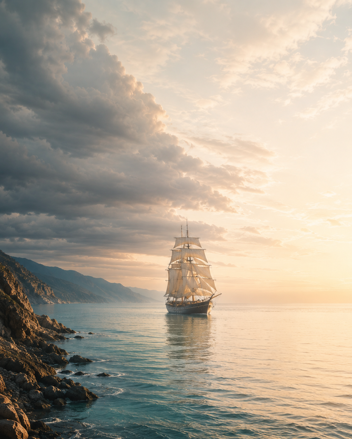 A large sailing ship with white sails floating on calm water during sunset, with a rocky coastline and mountains in the distance, under a partly cloudy sky.