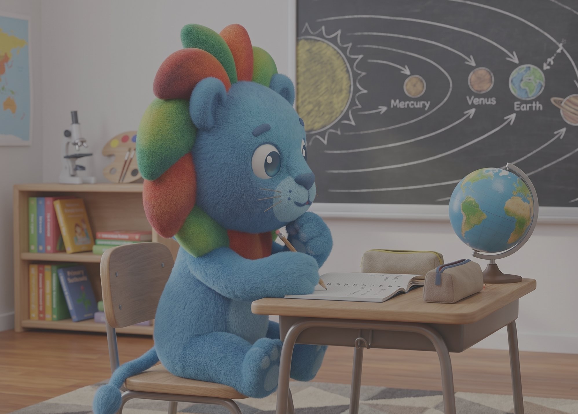 Un peluche de un león en una escuela, sentado en un pupitre, rodeado de libros y un globo terráqueo, con un pizarrón con diagramas del sistema solar en el fondo.