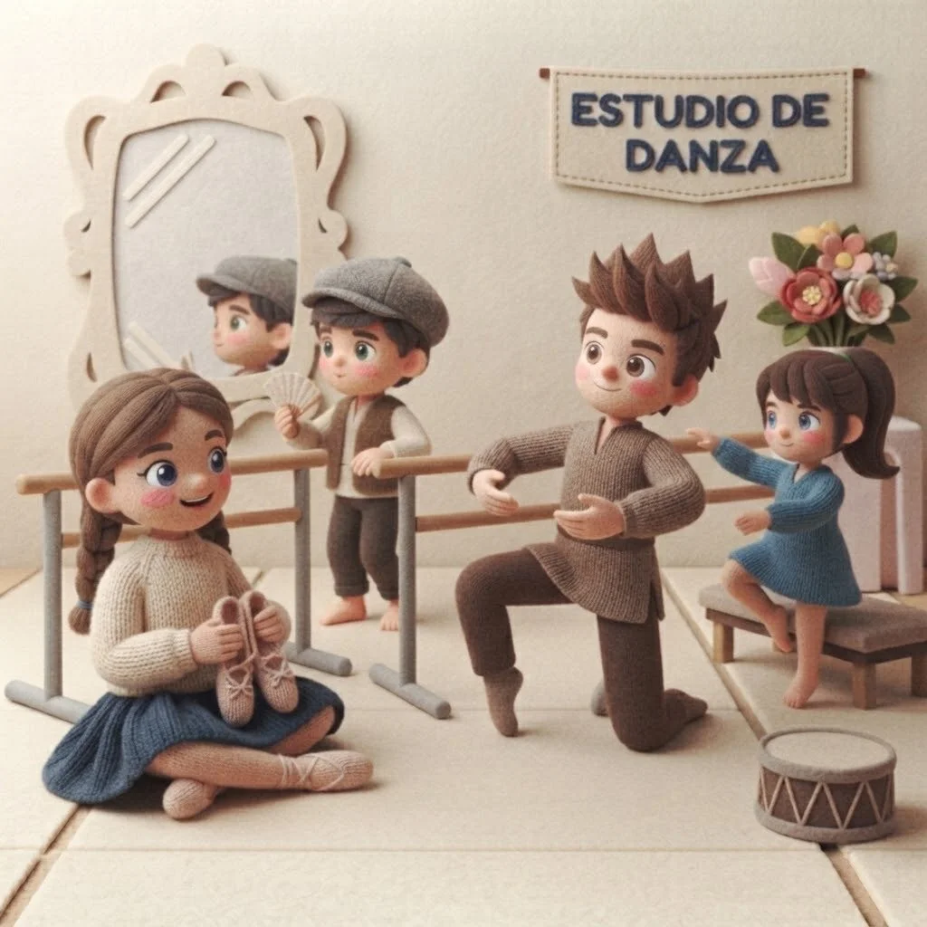 Figuras de tela en un estudio de danza con un cartel que dice 'Estudio de Danza'.