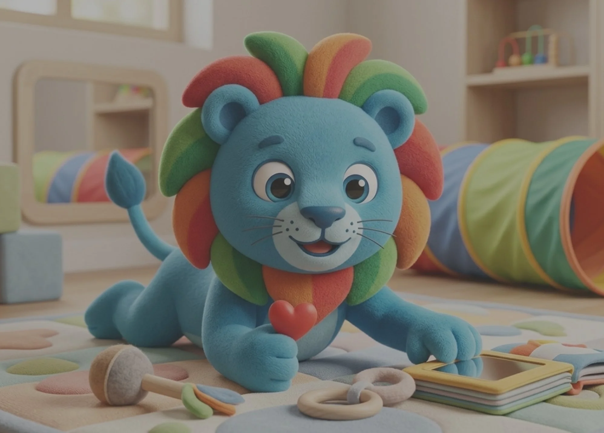 Peluche de un león con melena de colores brillantes en un entorno de juguetes para niños.