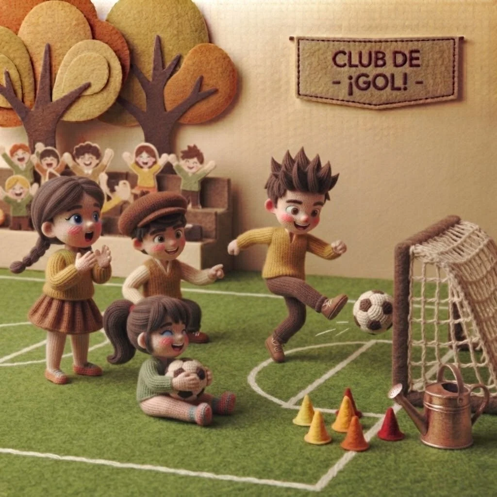 Figuras de trapo de niños jugando fútbol en un campo de césped en un club llamado 'Club de ¡Gol!'.