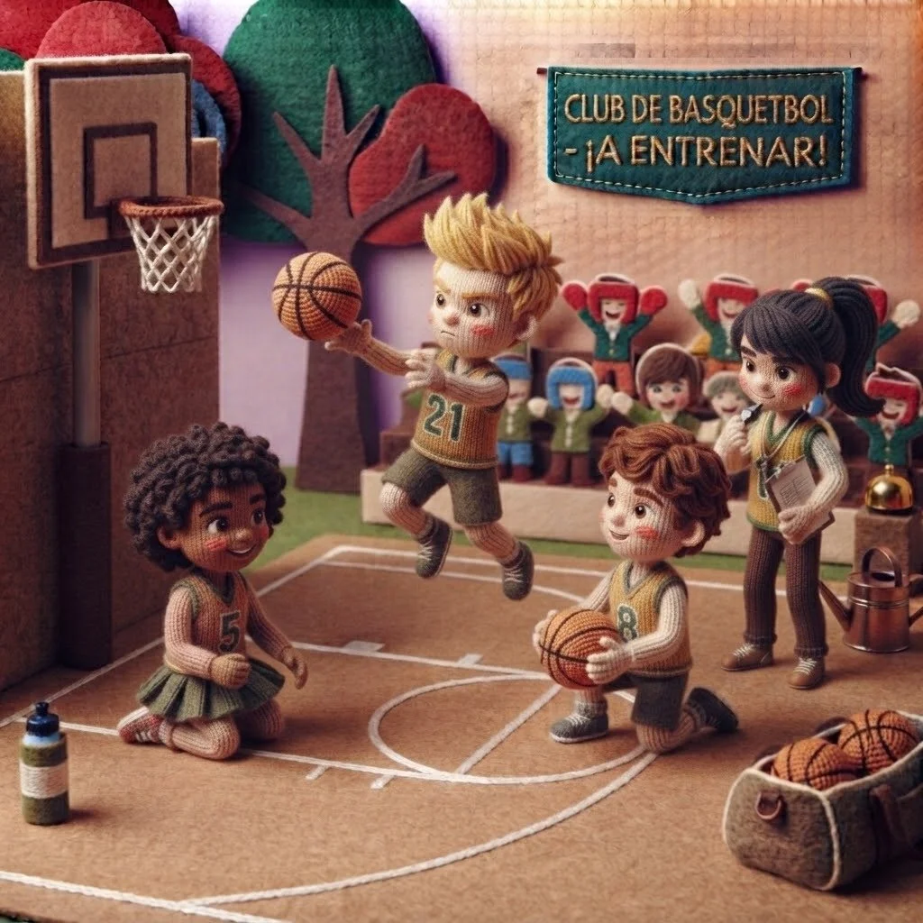 Muñecos de peluche jugando baloncesto en una cancha de interior con árboles de fieltro y una pancarta que dice 'Club de Basquetbol ¡A Entrenar!'.