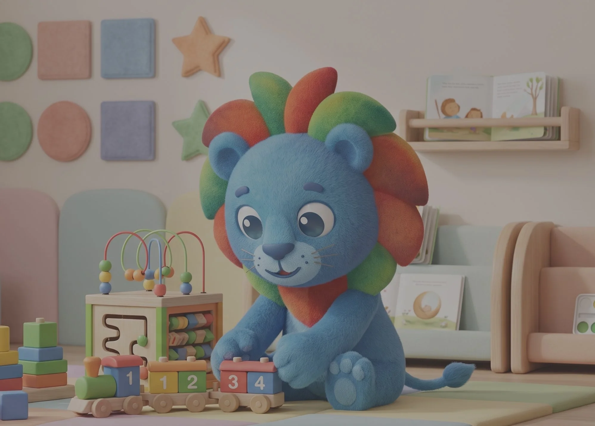 Muñeco de peluche de un león con melena de colores pastel en una habitación decorada con juguetes y libros infantiles.