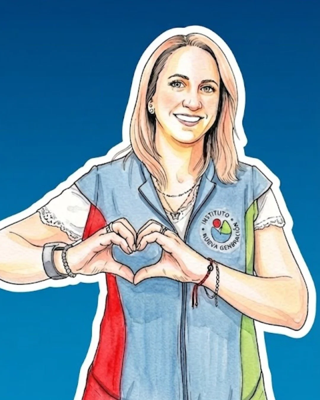 Ilustración de una mujer sonriendo, haciendo una señal de corazón con las manos, lleva una camiseta con un logotipo del 'Instituto Nueva Gente 4.0' y una chaqueta de colores azul, gris y verde, sobre fondo azul.