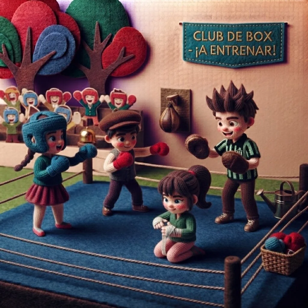 Muñecos de peluche en un entrenamiento de boxeo en un club de box con árboles de fieltro en el fondo y un cartel que dice 'Club de box - ¡A entrenar!'.