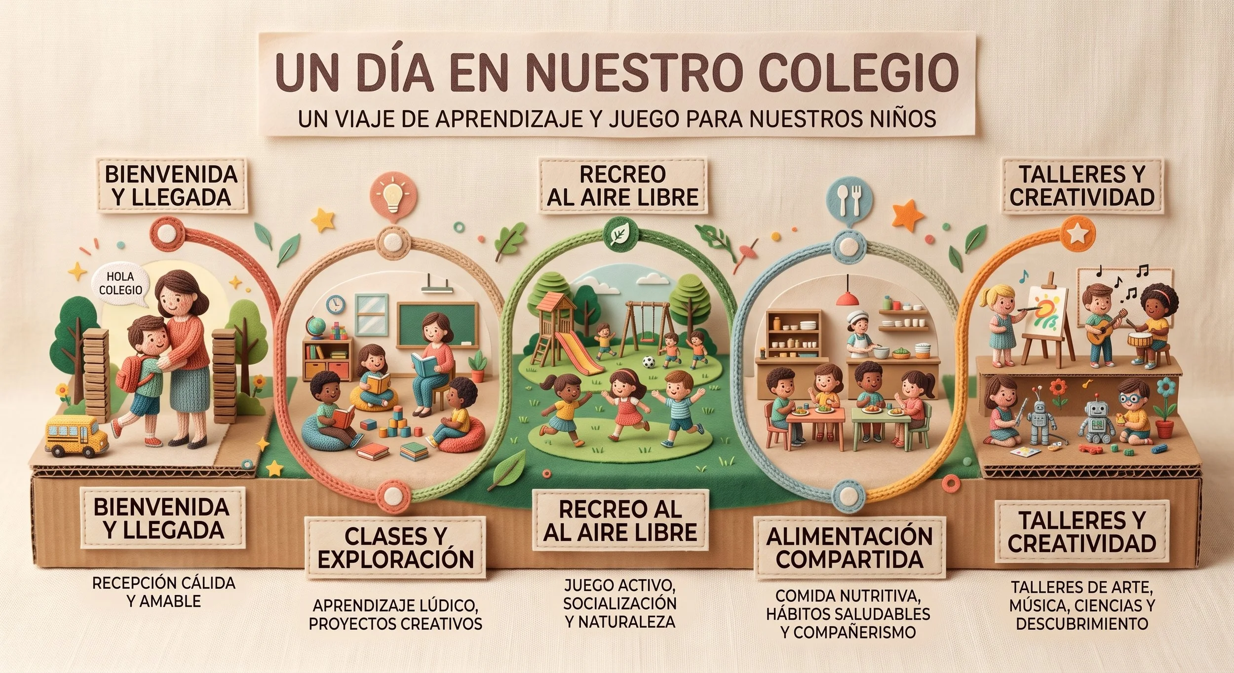 Cartel ilustrado que describe un día en un colegio, con actividades como bienvenida, clases, recreo, alimentación compartida, y talleres creativos, con dibujos de niños participando en actividades diversas.
