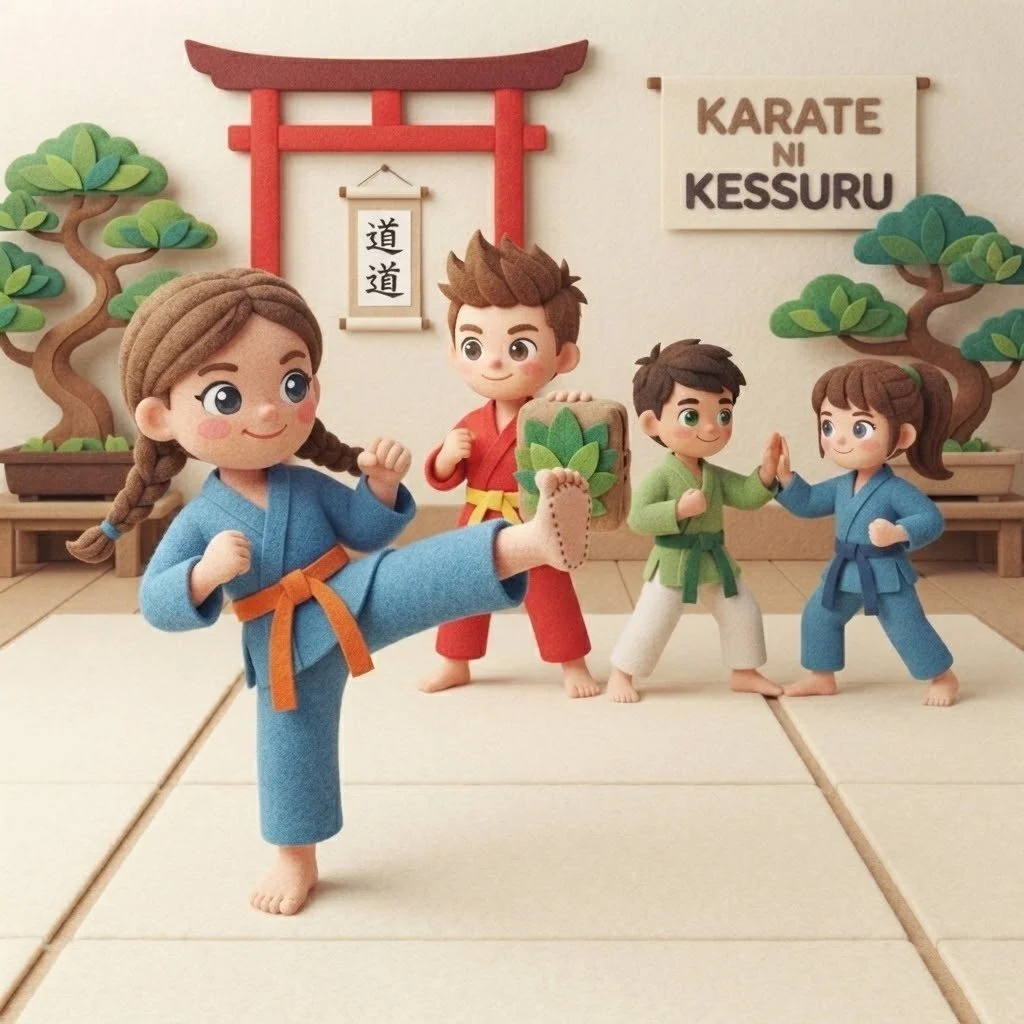 Figuras de espuma en una clase de karate con temática de artes marciales japonesas, incluyendo a una niña en posición de pateo, y demás niños en sus uniformes tradicionales en una sala decorada con árboles de colores y carteles escritos en japonés y español que dicen "Karate ni Kessuru".