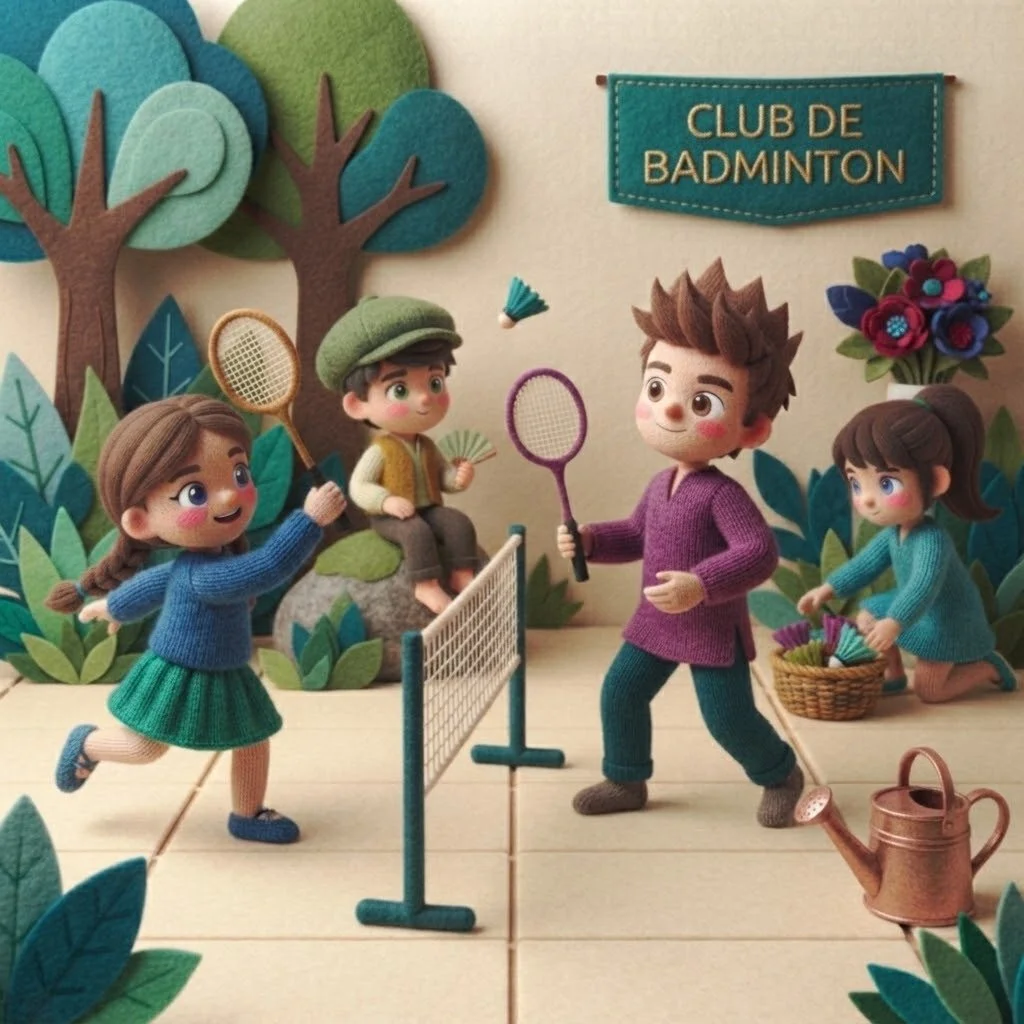 Figuritas de fieltro de niños y niñas jugando bádminton en un club, con decoraciones de árboles y flores de fieltro en el fondo.