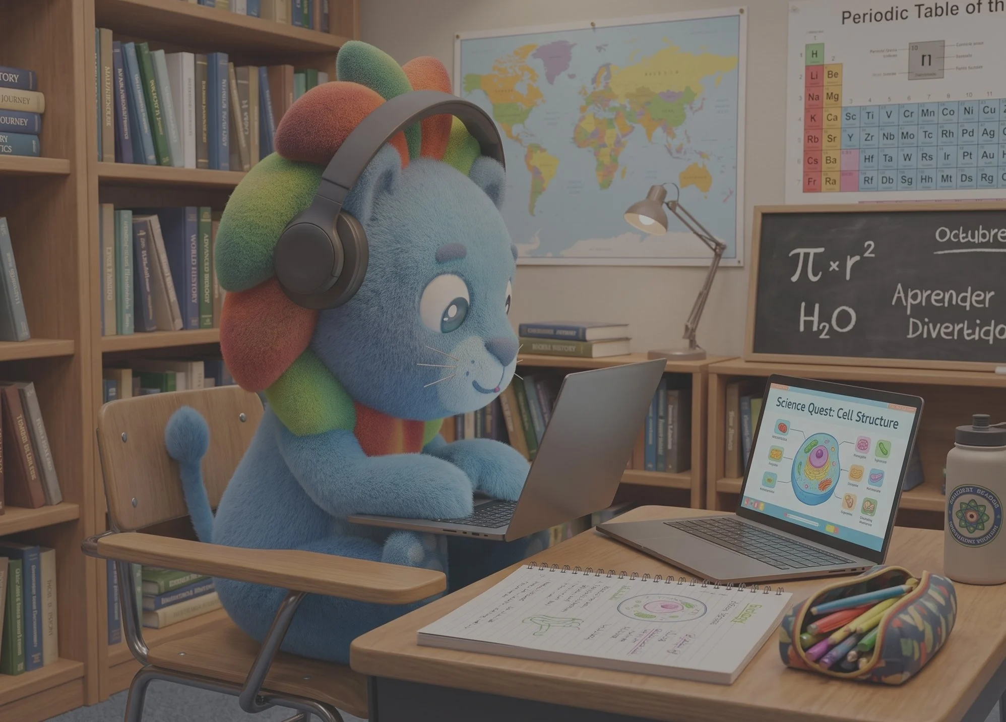Un animal de peluche de color azul con orejas y nariz rosa, usando auriculares, sentado en una mesa con una computadora portátil, en un aula con estanterías de libros y una pizarra con información científica.