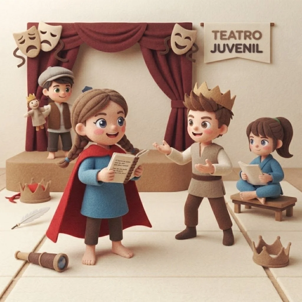 Figura de caricatura en un escenario de teatro juvenil con personajes disfrazados, coronas, trajes medievales y cortinas rojas, en una escena de teatro escolar con actores y disfraces