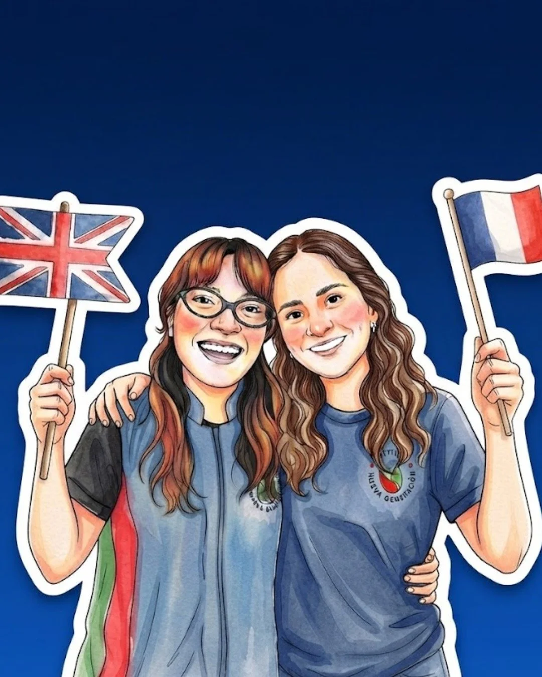 Ilustración de dos mujeres sonriendo, abrazadas, con banderas del Reino Unido y Francia, vistiendo camisetas con logotipo del equipo olímpico.
