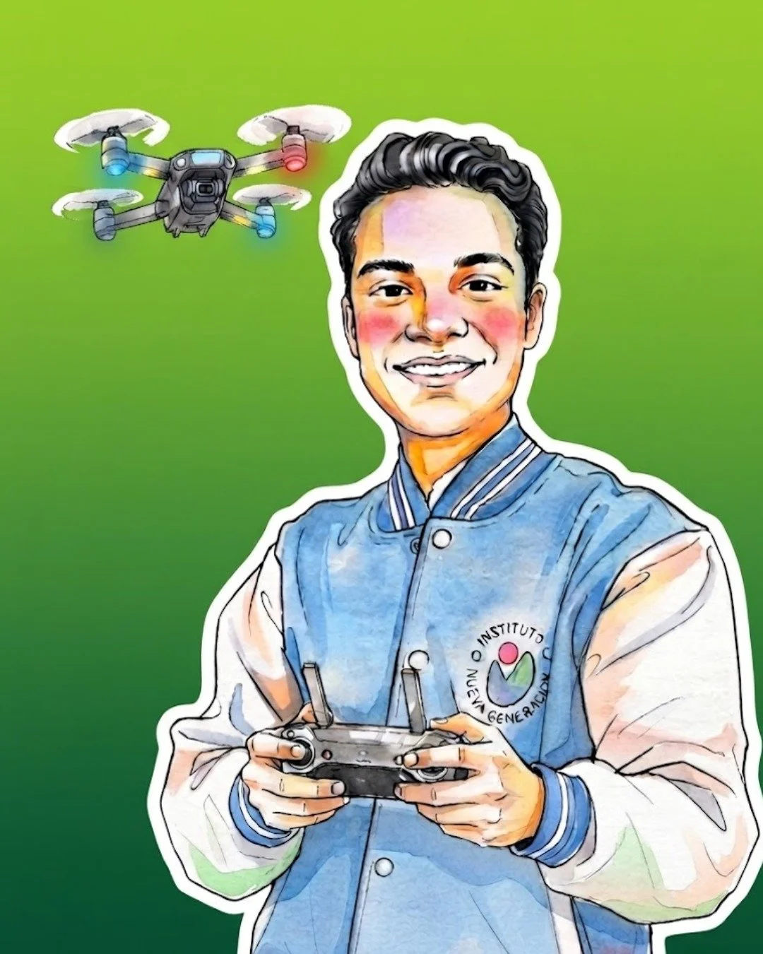 Retrato de una persona joven sonriendo, sosteniendo un control remoto, con un drone volando en el fondo y un logotipo en su chaqueta que dice 'Instituto C'; fondo verde.