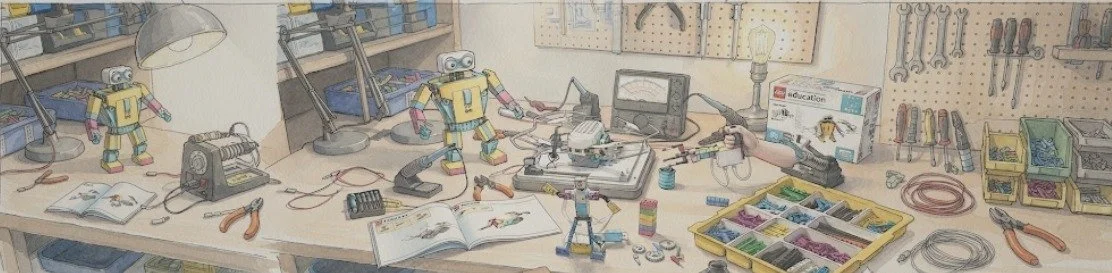 Mesa de trabajo con robots de papel, herramientas, bobinas de hilo, libro abierto, plastilina, y componentes electrónicos en un taller de electrónica.