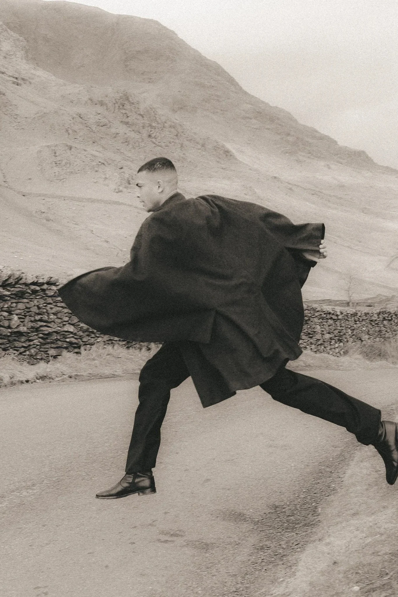 Black-and-white fashion campaign photographed in the Lake District