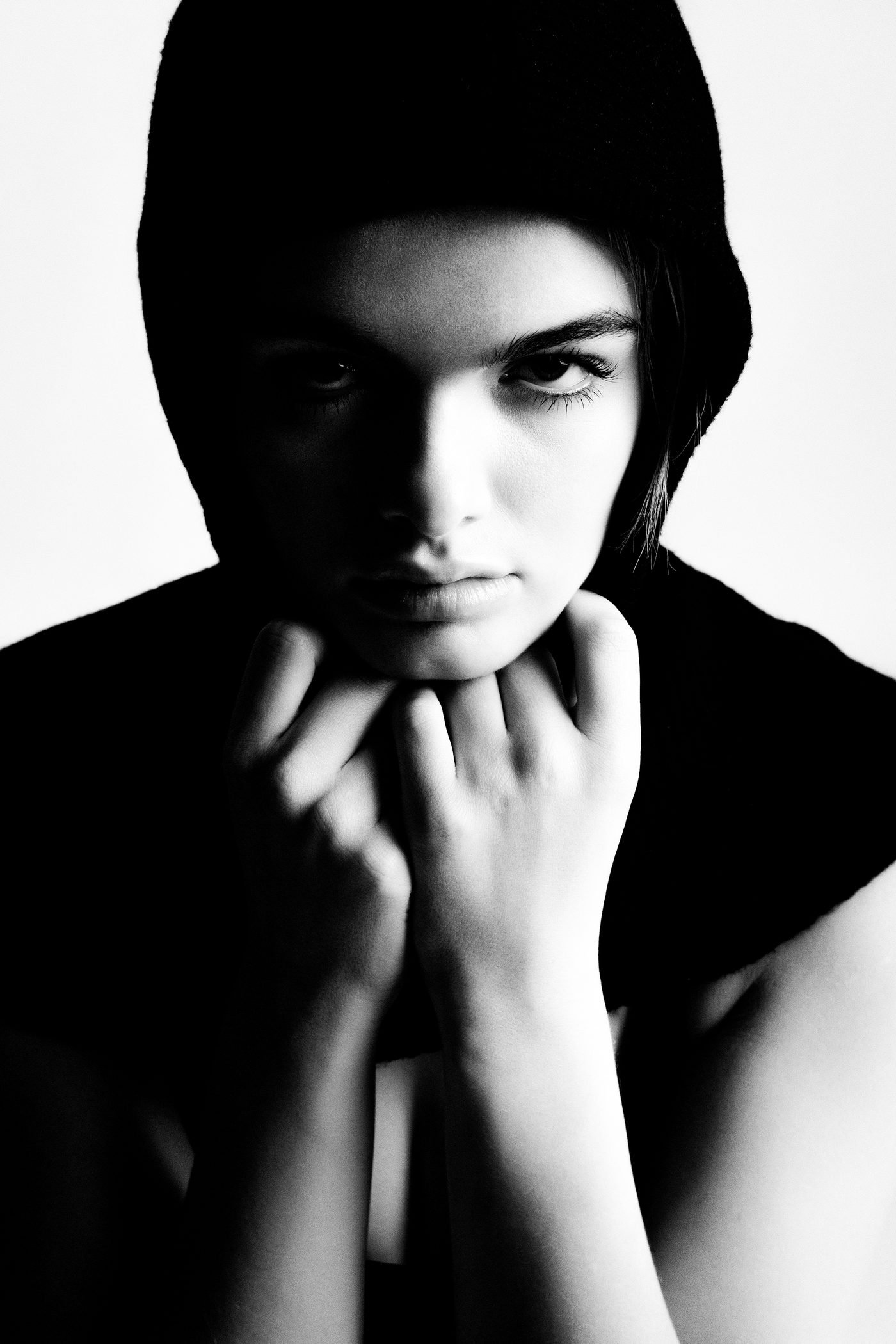 Black and white hooded beauty close up from the Unfiltered fashion photography series by CAMR Visuals