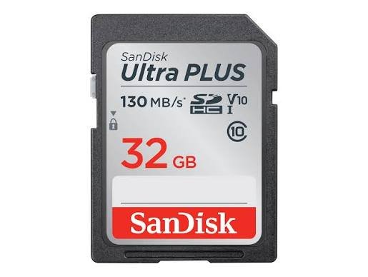SanDisk Ultra Plus 32 GB SD card for storage with 130 MB/s speed.