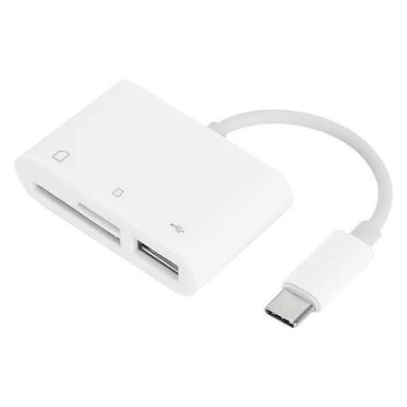 A white USB-C hub with two USB-A ports and a power button, connected to a USB-C cable.