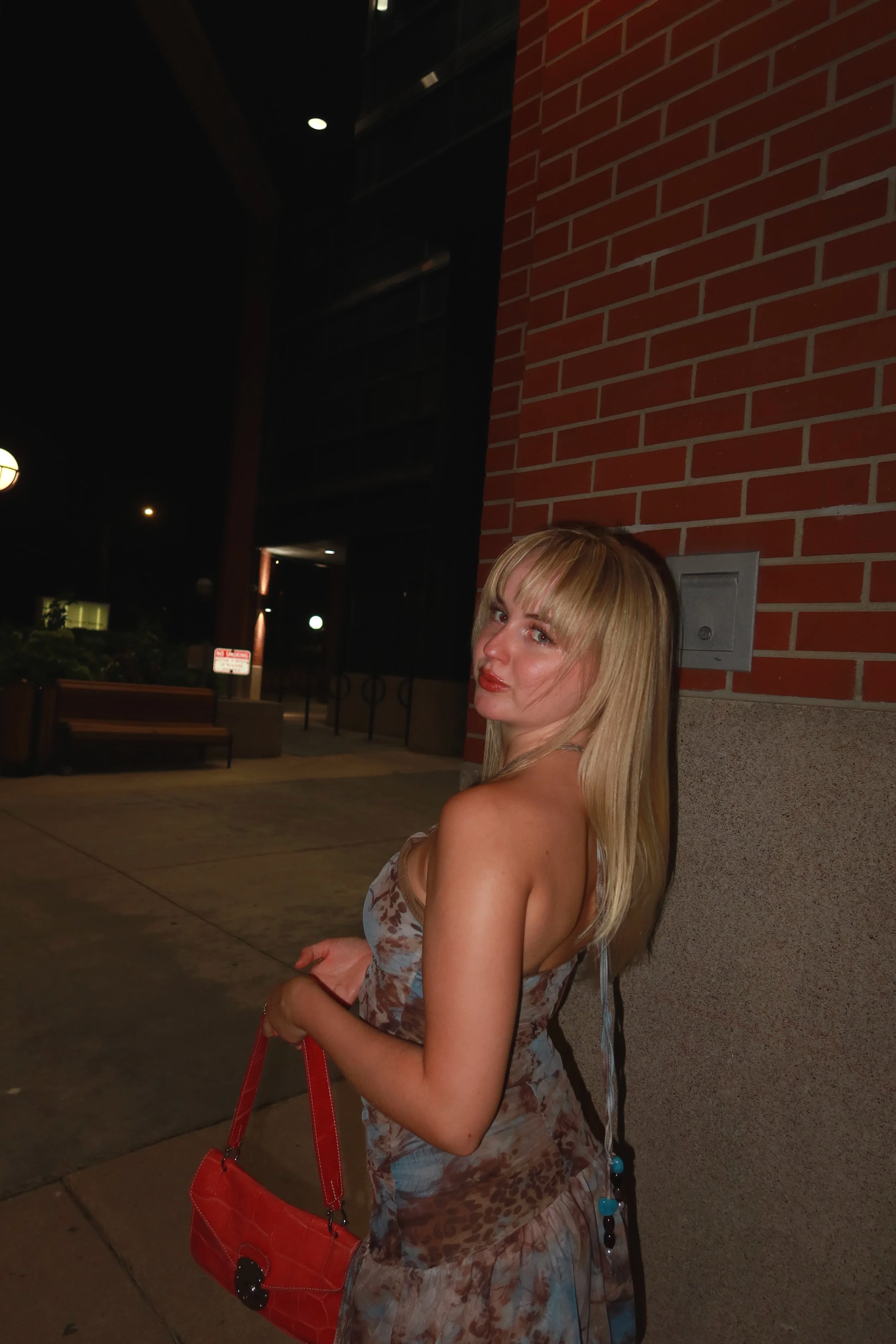 A woman with blonde hair, wearing a patterned dress, standing outdoors at night against a brick wall, holding a red purse, with buildings and streetlights in the background.