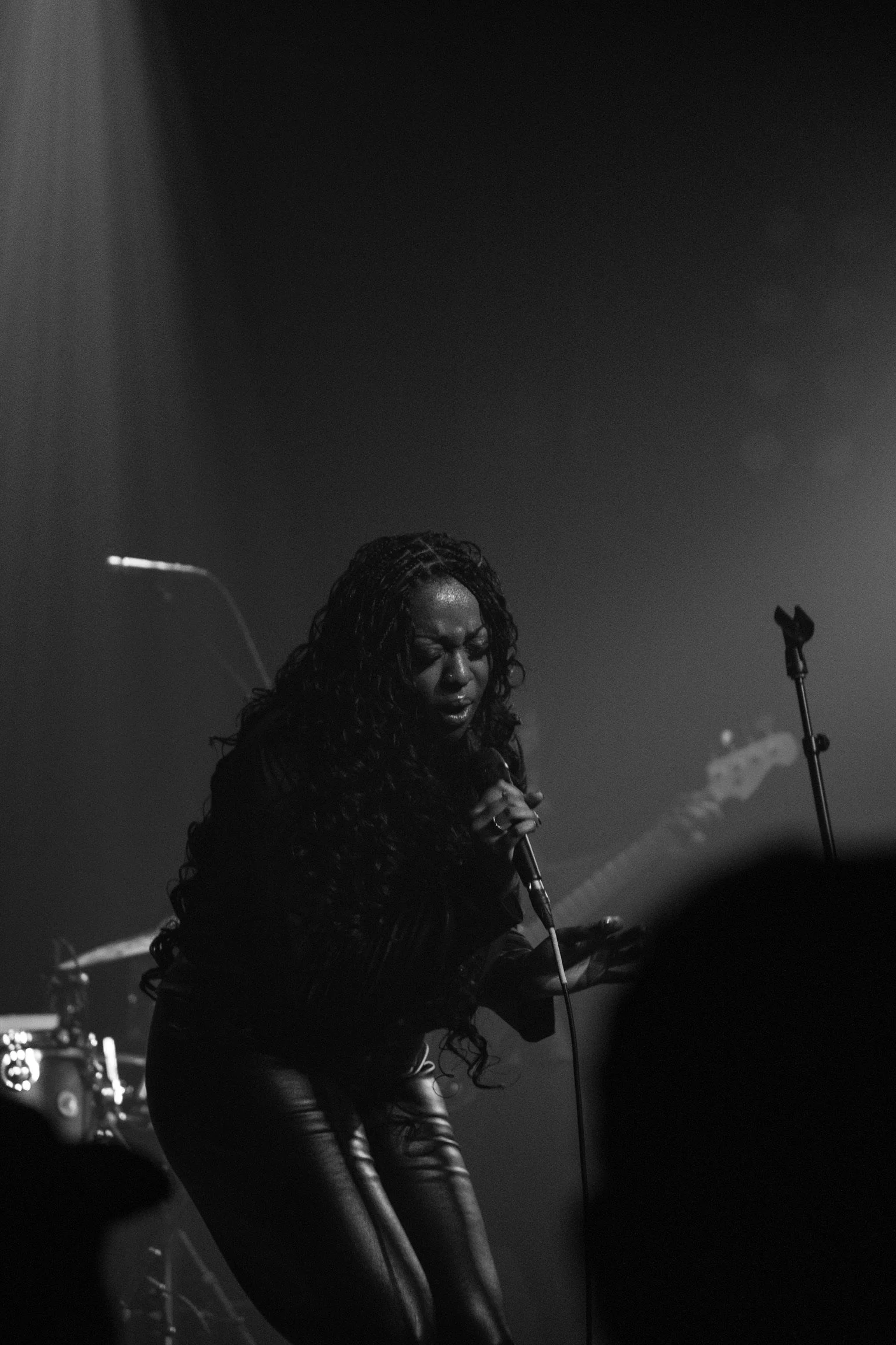 A woman with long, curly hair singing into a microphone on stage, with musical instruments and stage lighting in the background.