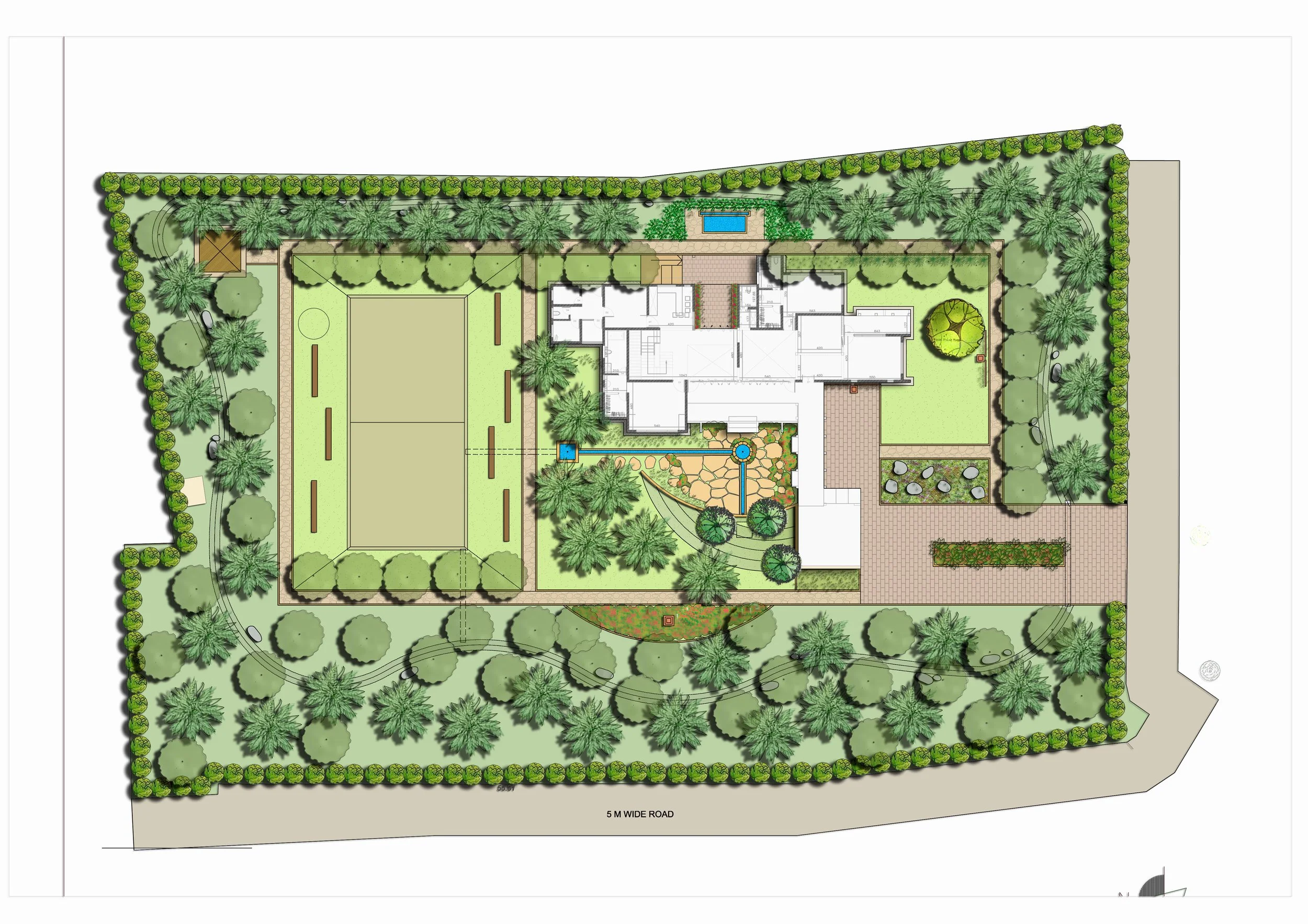 A detailed landscape plan for a large property including a house, swimming pool, tennis court, garden areas, pathways, and perimeter trees, with a 5-meter-wide road at the front.