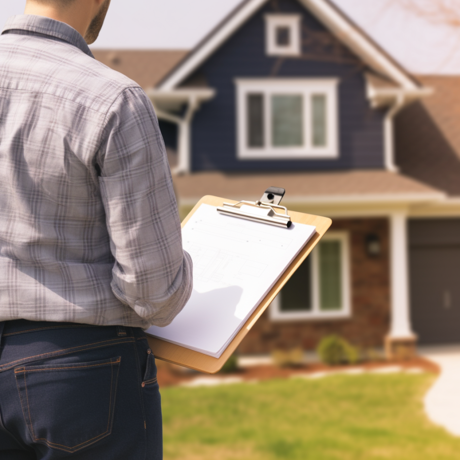 A person holding a clipboard with documents outside a house, inspecting or surveying the property.