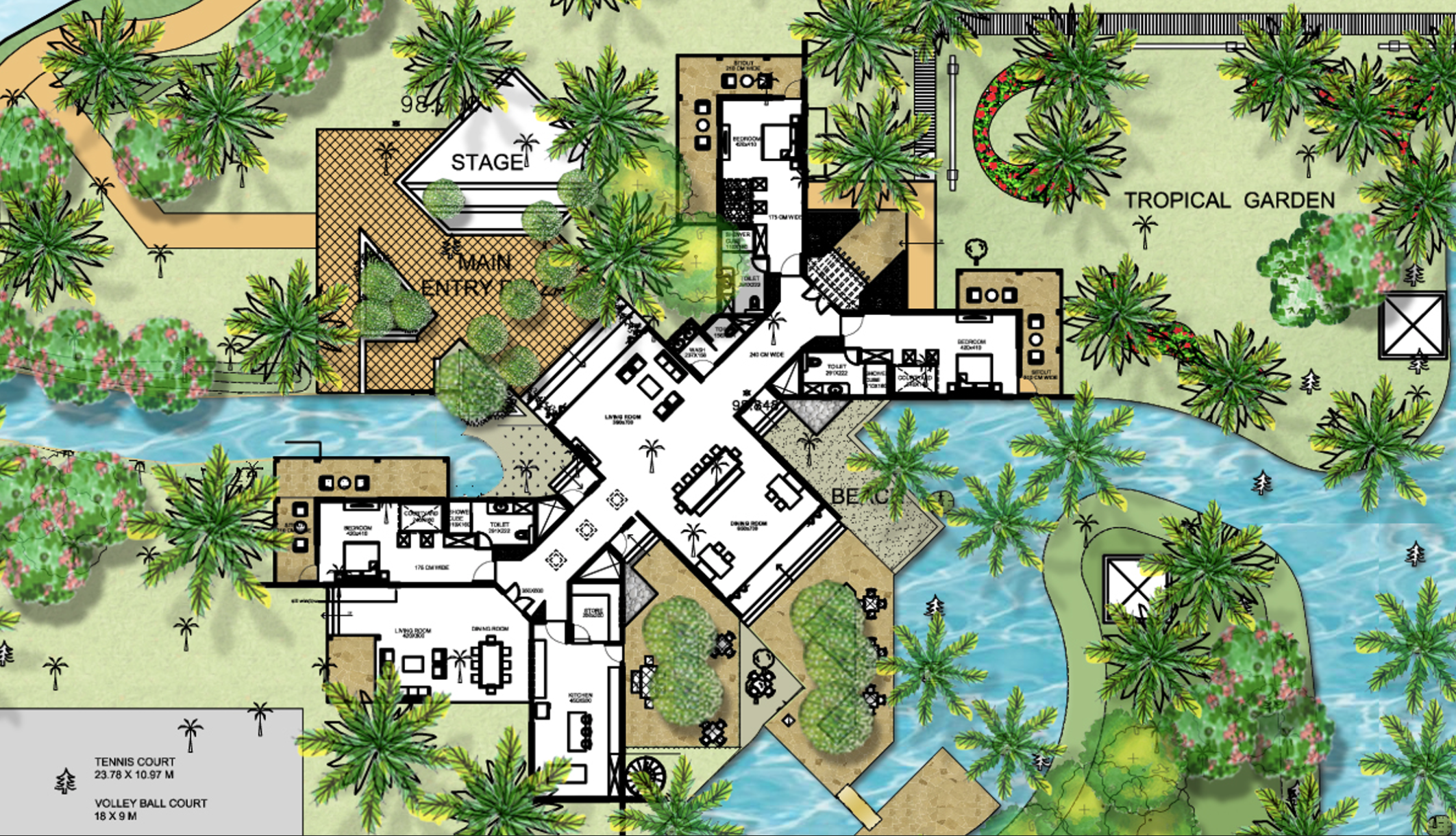 Detailed architectural drawing of a tropical garden with a water feature, outdoor seating, a stage, and various landscaped areas including a tennis court and volleyball court surrounded by palm trees and lush vegetation.