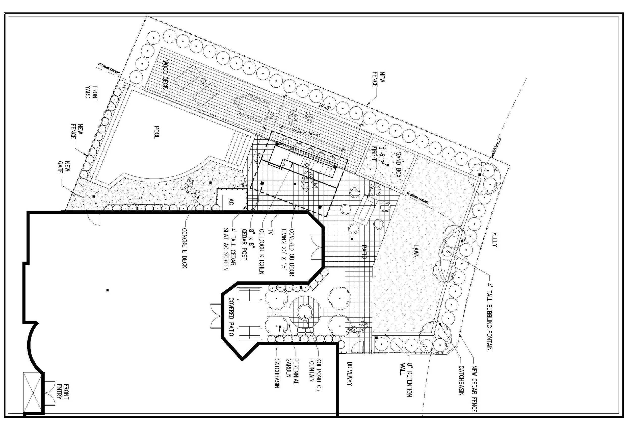 A detailed architectural plan for a residential outdoor space, including a pool, deck, patio, lawn, and various landscaping features.