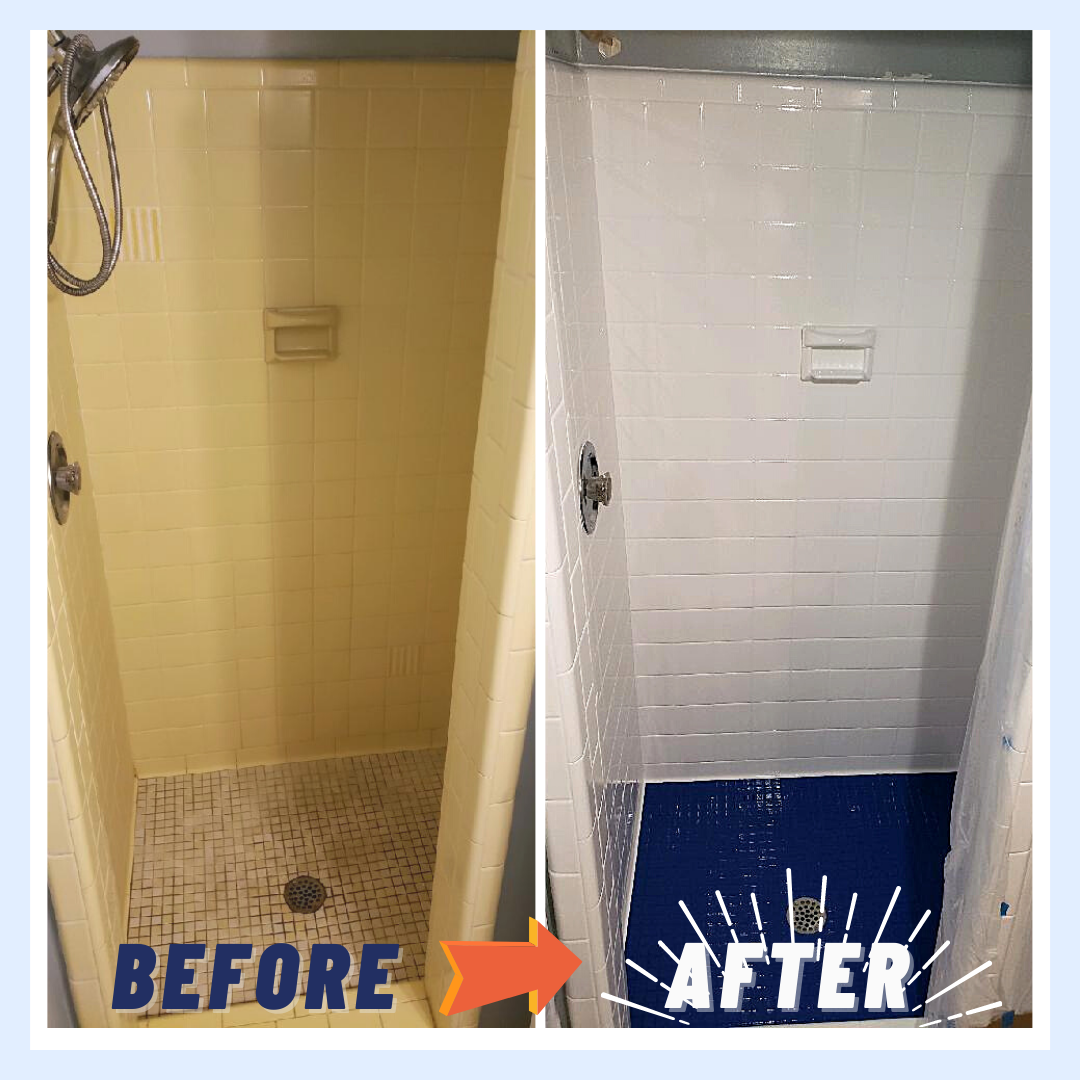 Comparison of a shower before and after cleaning; the before side shows beige tiles and a dirty floor, while the after side shows white tiles and a clean dark floor.