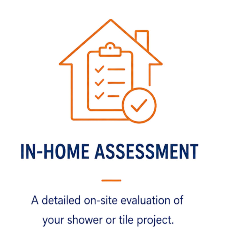 Illustration of a house with a checklist and a large checkmark, labeled 'In-Home Assessment,' with text describing detailed on-site evaluation of shower or tile projects.