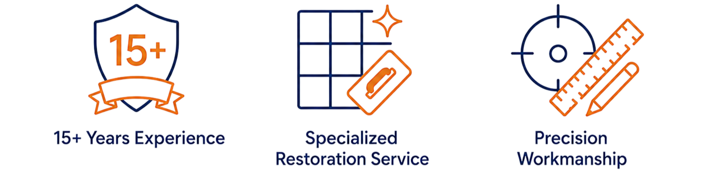 Graphic highlighting over 15 years of experience, specialized restoration service, precise workmanship, with icons of a shield, a window, a clock, and a ruler.