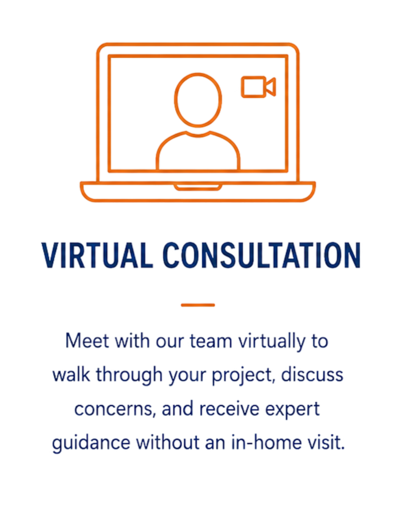 Illustration of a computer screen with a person icon, a video play button, and a barcode, promoting virtual consultations for project discussions with expert guidance.