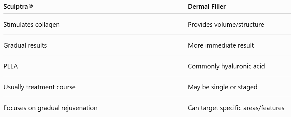 Comparison chart showing the differences between dermal filler and sculptra