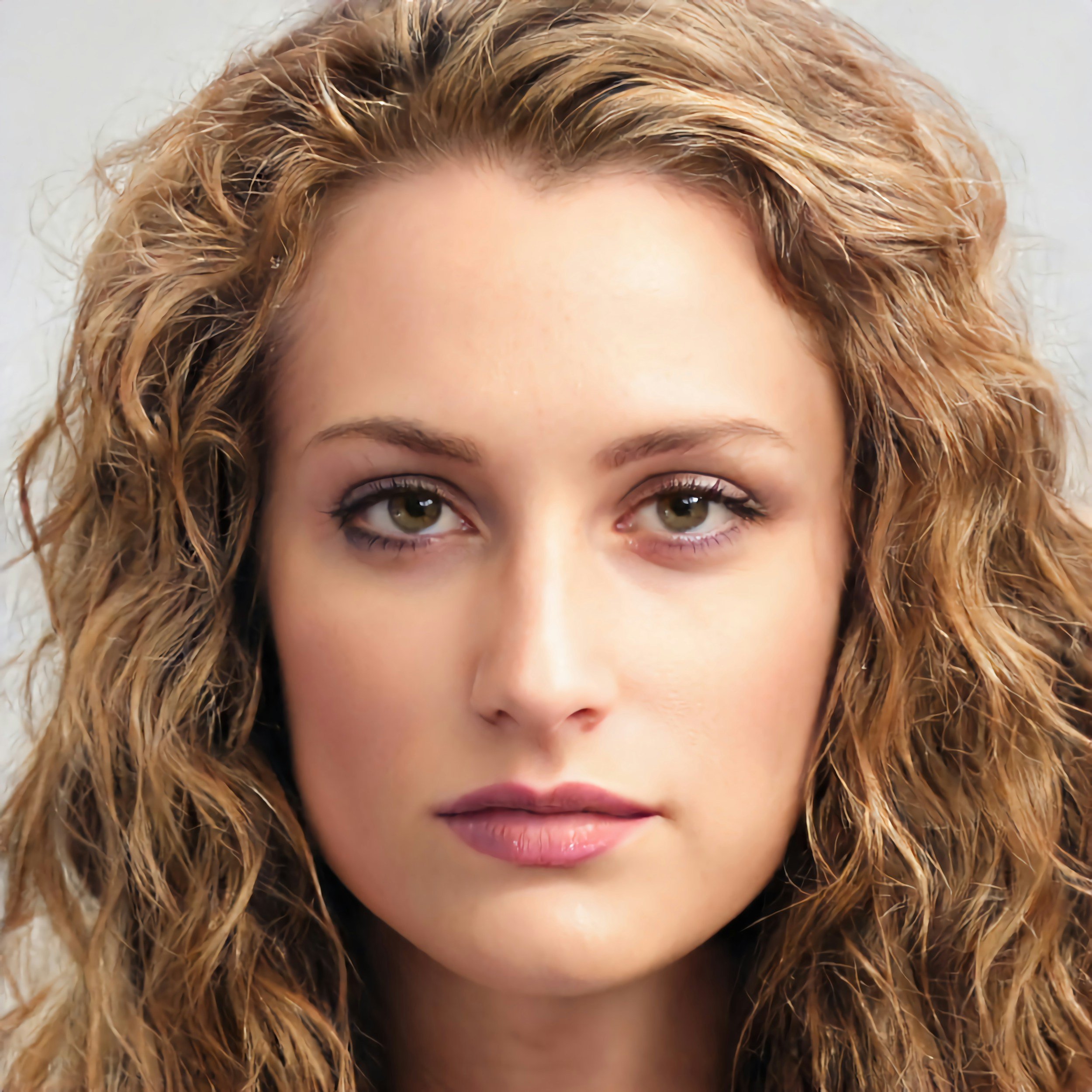 Close-up of a woman's forehead, eyebrows, and eyes with curly, light brown hair.